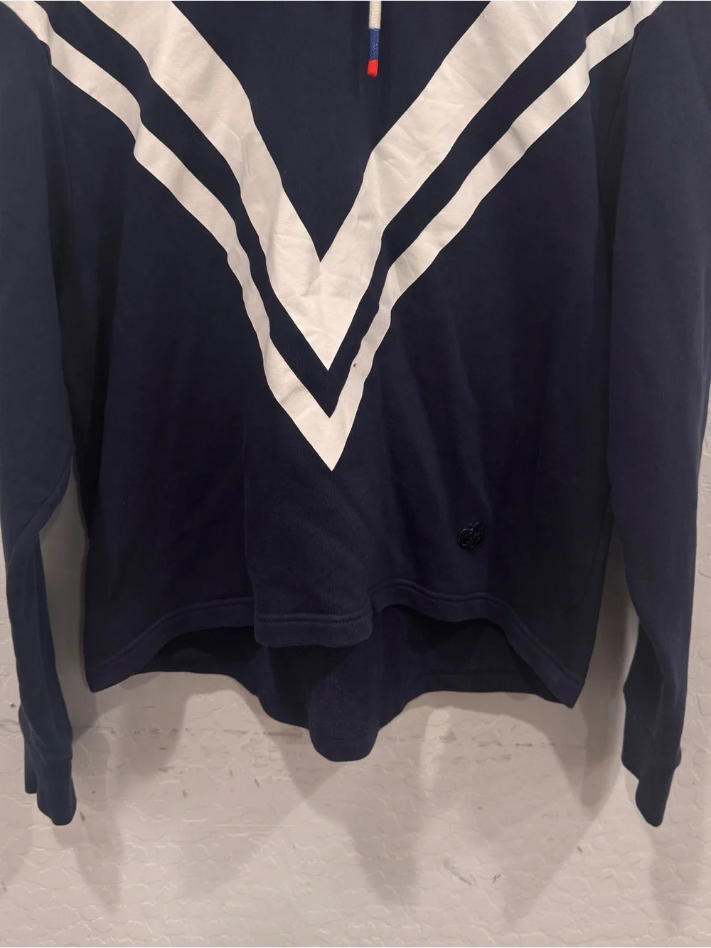 Tory Burch Sport Navy Hoodie Sweater Womens Small White Chevron Stripes